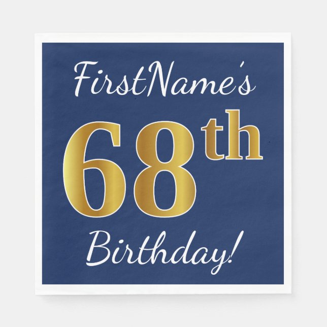 Blue, Faux Gold 68th Birthday + Custom Name Paper Napkins (Front)