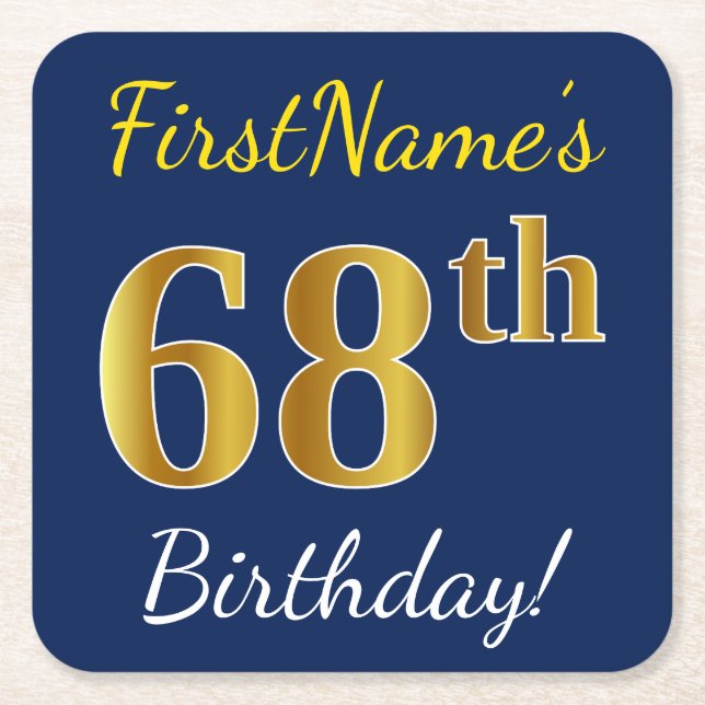 Blue, Faux Gold 68th Birthday + Custom Name Square Paper Coaster (Front)