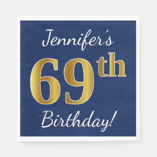 Blue, Faux Gold 69th Birthday + Custom Name Paper Napkins