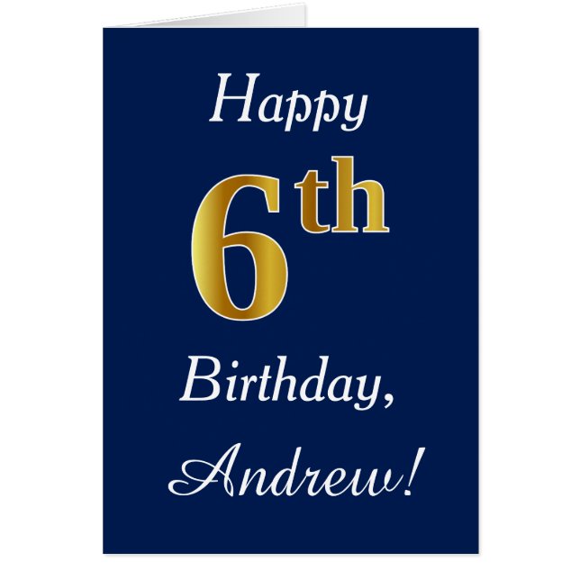 Blue, Faux Gold 6th Birthday + Custom Name Cards (Front)