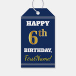 [ Thumbnail: Blue, Faux Gold 6th Birthday + Custom Name Gift Tags ]