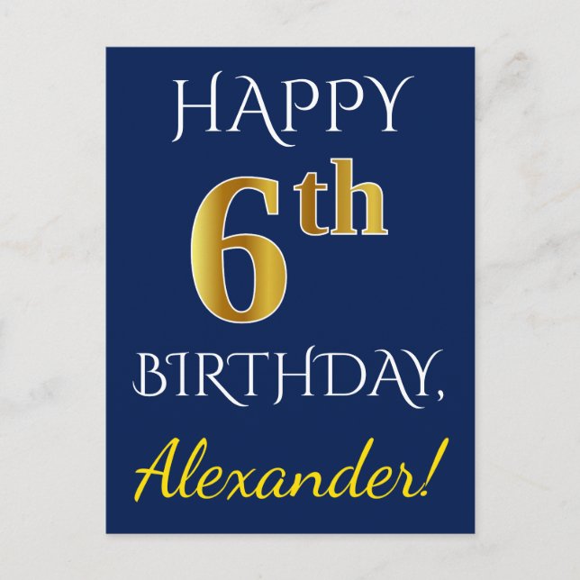 Blue, Faux Gold 6th Birthday + Custom Name Postcard (Front)