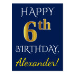 [ Thumbnail: Blue, Faux Gold 6th Birthday + Custom Name Postcard ]