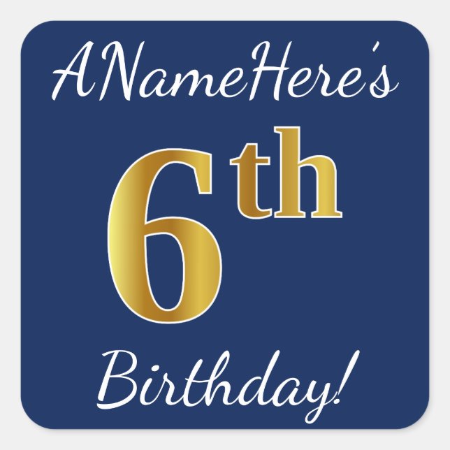 Blue, Faux Gold 6th Birthday + Custom Name Sticker (Front)