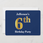 [ Thumbnail: Blue, Faux Gold 6th Birthday Party + Custom Name Invitation ]