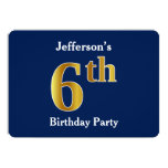 [ Thumbnail: Blue, Faux Gold 6th Birthday Party + Custom Name Invitation ]