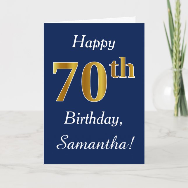 Blue, Faux Gold 70th Birthday + Custom Name Card (Front)