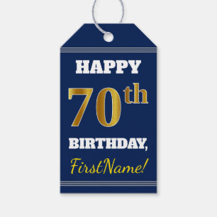 Blue, Faux Gold 70th Birthday + Custom Name Gift Tags
