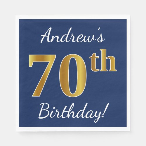 Blue Faux Gold 70th Birthday  Custom Name Napkins