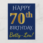 [ Thumbnail: Blue, Faux Gold 70th Birthday + Custom Name Postcard ]