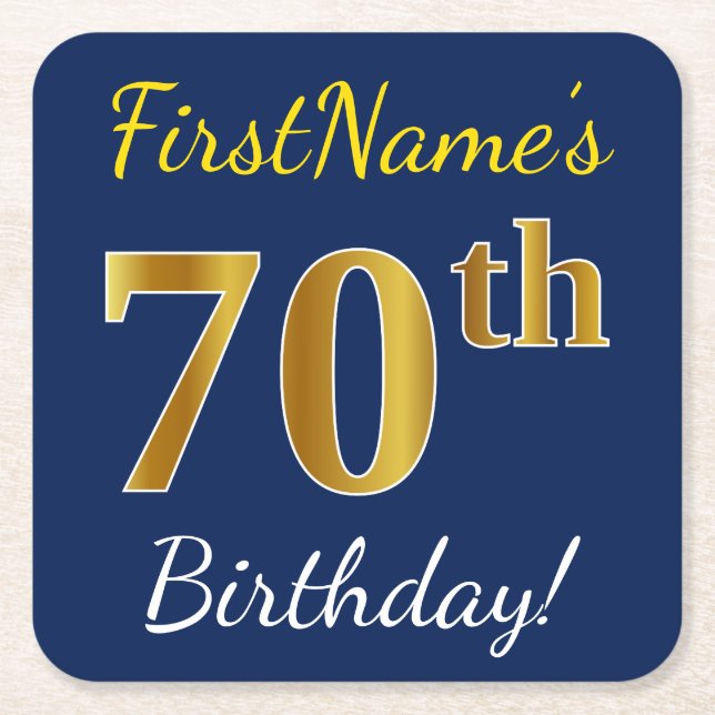Blue, Faux Gold 70th Birthday + Custom Name Square Paper Coaster (Front)
