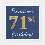 [ Thumbnail: Blue, Faux Gold 71st Birthday + Custom Name Paper Napkin ]