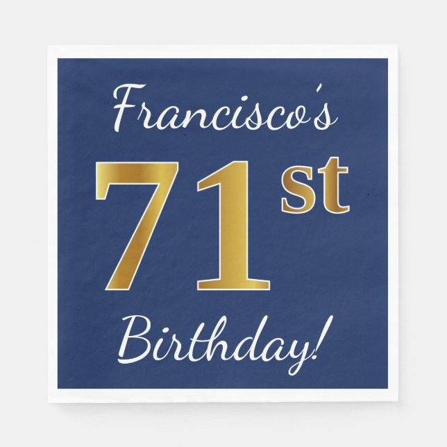 Blue, Faux Gold 71st Birthday + Custom Name Paper Napkins (Front)