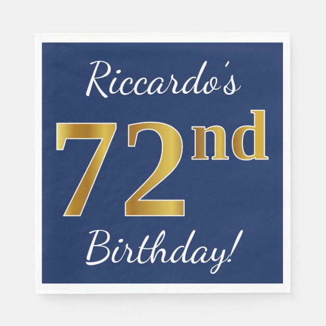 Blue, Faux Gold 72nd Birthday + Custom Name Paper Napkins (Front)