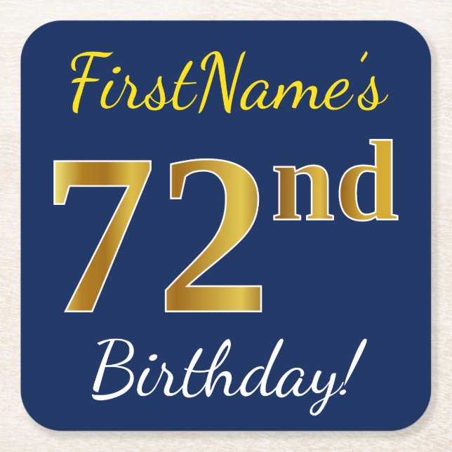 Blue, Faux Gold 72nd Birthday + Custom Name Square Paper Coaster (Front)