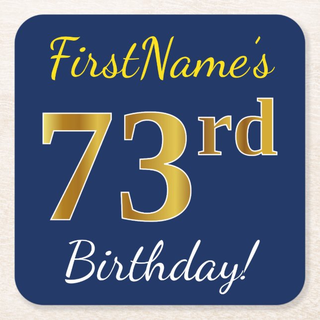 Blue, Faux Gold 73rd Birthday + Custom Name Square Paper Coaster (Front)