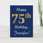 [ Thumbnail: Blue, Faux Gold 75th Birthday + Custom Name Card ]