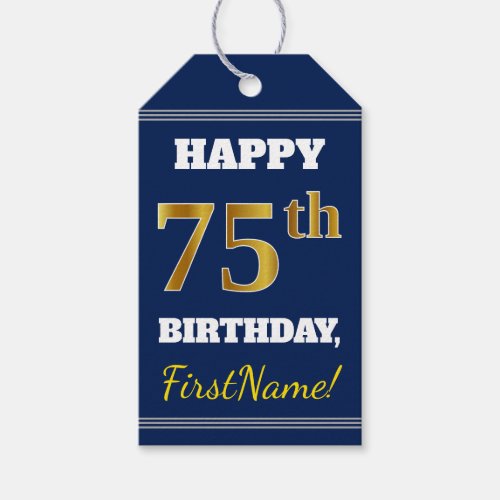 Blue Faux Gold 75th Birthday  Custom Name Gift Tags