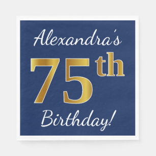 Blue, Faux Gold 75th Birthday + Custom Name Paper Napkins