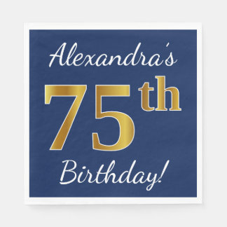 Blue, Faux Gold 75th Birthday + Custom Name Paper Napkins