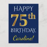[ Thumbnail: Blue, Faux Gold 75th Birthday + Custom Name Postcard ]