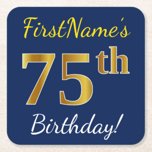 Blue, Faux Gold 75th Birthday + Custom Name Square Paper Coaster