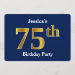 [ Thumbnail: Blue, Faux Gold 75th Birthday Party + Custom Name Invitation ]