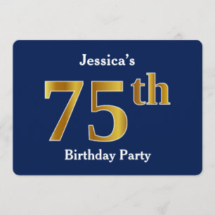 Blue, Faux Gold 75th Birthday Party + Custom Name Invitation