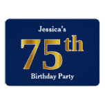 [ Thumbnail: Blue, Faux Gold 75th Birthday Party + Custom Name Invitation ]