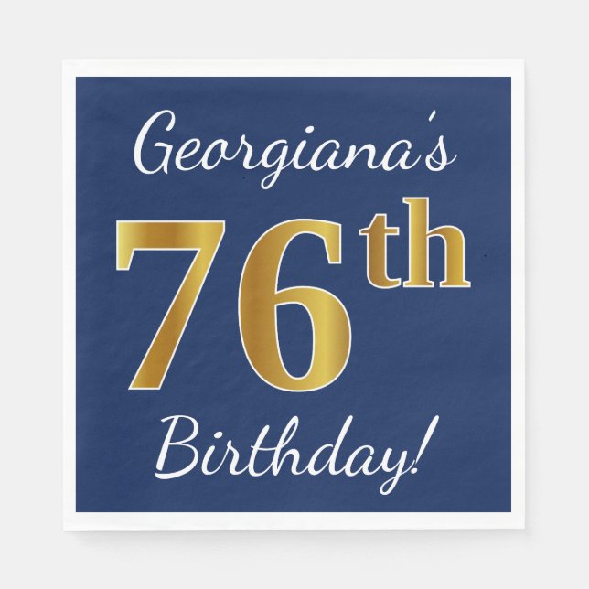 Blue, Faux Gold 76th Birthday + Custom Name Paper Napkins (Front)