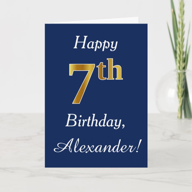 Blue, Faux Gold 7th Birthday + Custom Name Card (Front)