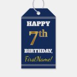 [ Thumbnail: Blue, Faux Gold 7th Birthday + Custom Name Gift Tags ]