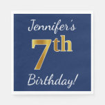 [ Thumbnail: Blue, Faux Gold 7th Birthday + Custom Name Paper Napkin ]