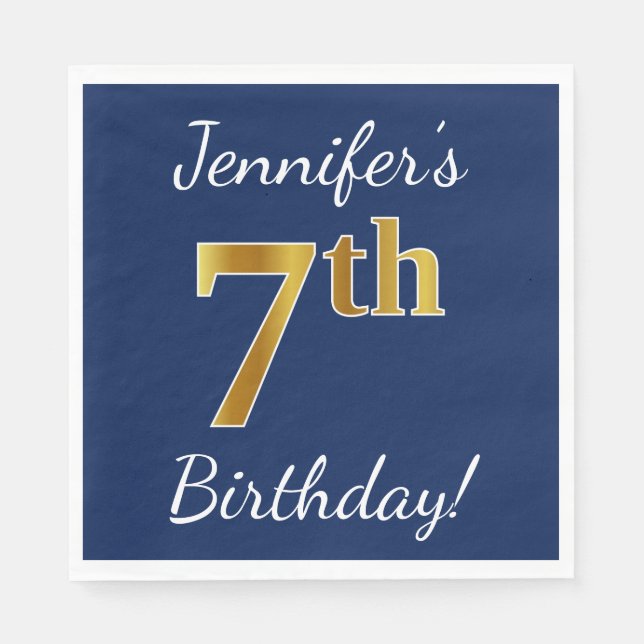 Blue, Faux Gold 7th Birthday + Custom Name Paper Napkins (Front)