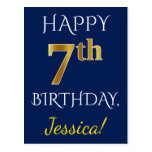 [ Thumbnail: Blue, Faux Gold 7th Birthday + Custom Name Postcard ]