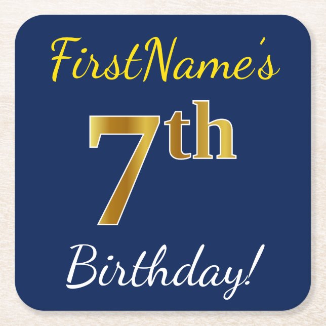 Blue, Faux Gold 7th Birthday + Custom Name Square Paper Coaster (Front)