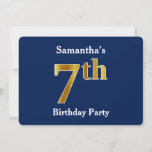 [ Thumbnail: Blue, Faux Gold 7th Birthday Party + Custom Name Invitation ]