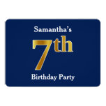 [ Thumbnail: Blue, Faux Gold 7th Birthday Party + Custom Name Invitation ]