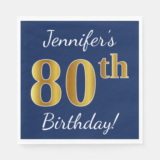 Blue, Faux Gold 80th Birthday + Custom Name Napkins (Front)