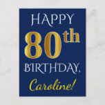 [ Thumbnail: Blue, Faux Gold 80th Birthday + Custom Name Postcard ]