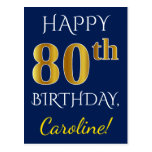 [ Thumbnail: Blue, Faux Gold 80th Birthday + Custom Name Postcard ]