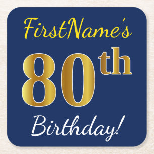 Blue, Faux Gold 80th Birthday + Custom Name Square Paper Coaster