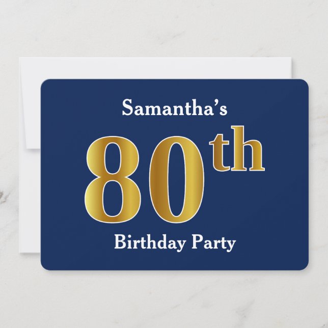 Blue, Faux Gold 80th Birthday Party + Custom Name Invitation (Front)