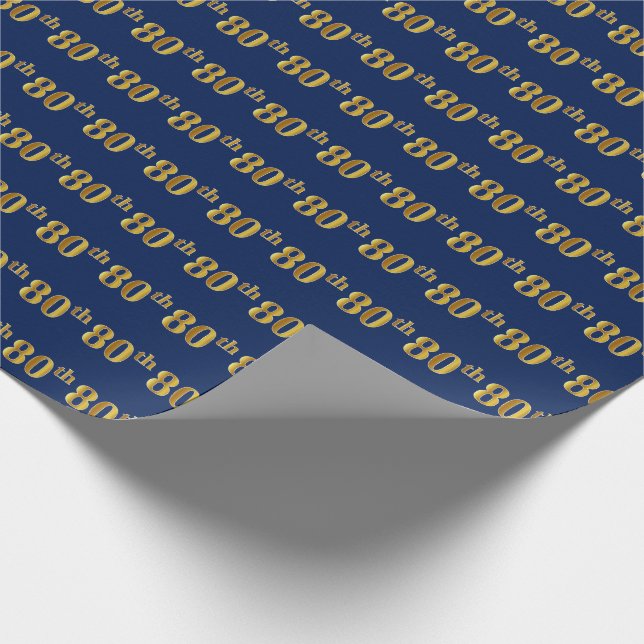 Blue, Faux Gold 80th (Eightieth) Event Wrapping Paper (Corner)