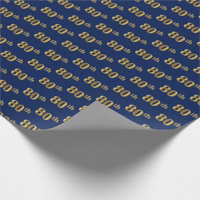 Blue, Faux Gold 80th (Eightieth) Event Wrapping Paper (Corner)