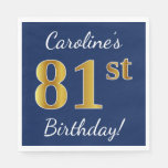 [ Thumbnail: Blue, Faux Gold 81st Birthday + Custom Name Napkin ]