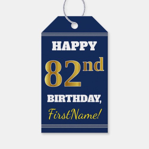 Blue Faux Gold 82nd Birthday  Custom Name Gift Tags