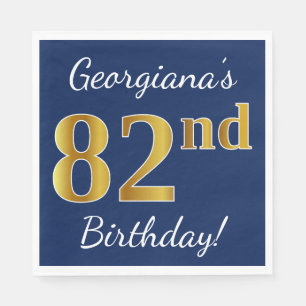 Blue, Faux Gold 82nd Birthday + Custom Name Paper Napkins