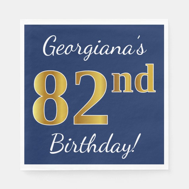 Blue, Faux Gold 82nd Birthday + Custom Name Paper Napkins (Front)