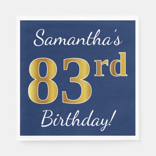 Blue, Faux Gold 83rd Birthday + Custom Name Paper Napkins (Front)